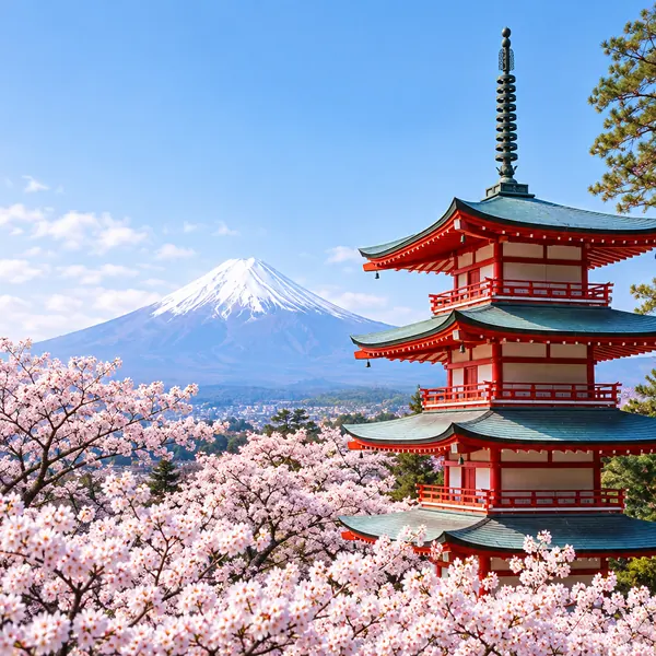 Chureito Pagoda with Mount Fuji and cherry blossoms
