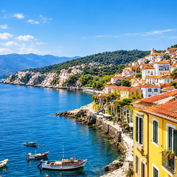 Colourful houses along a sunny Portuguese bay