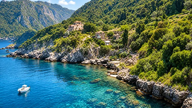 Secluded turquoise cove between green hills