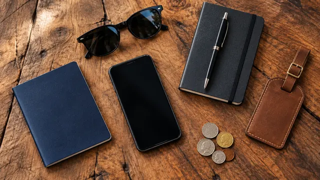 Passport, phone and sunglasses laid out for a trip
