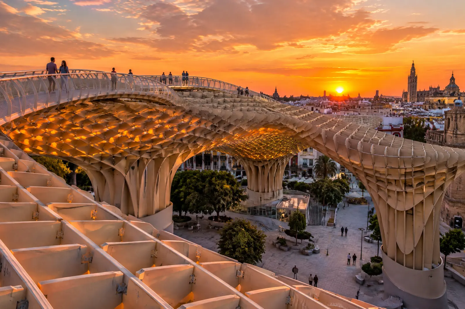 Sunset over the old town from the curving rooftop walkway of the Metropol Parasol