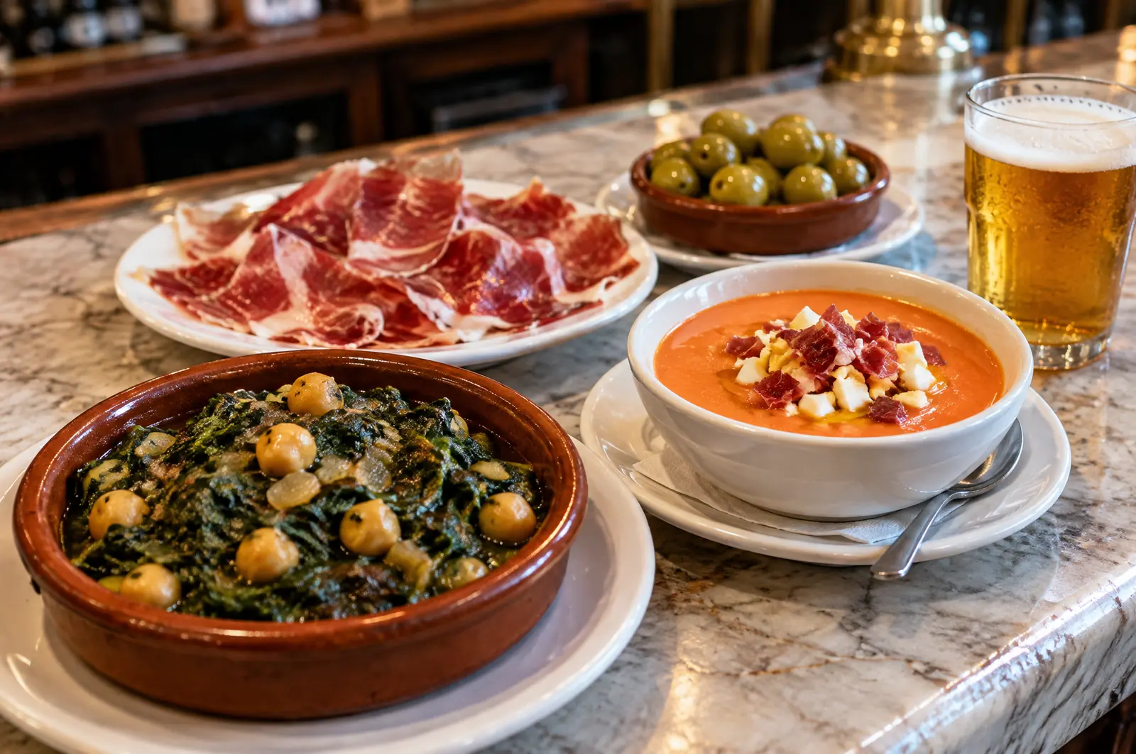 Jamón, olives, salmorejo and spinach with chickpeas next to a cold caña on a marble bar