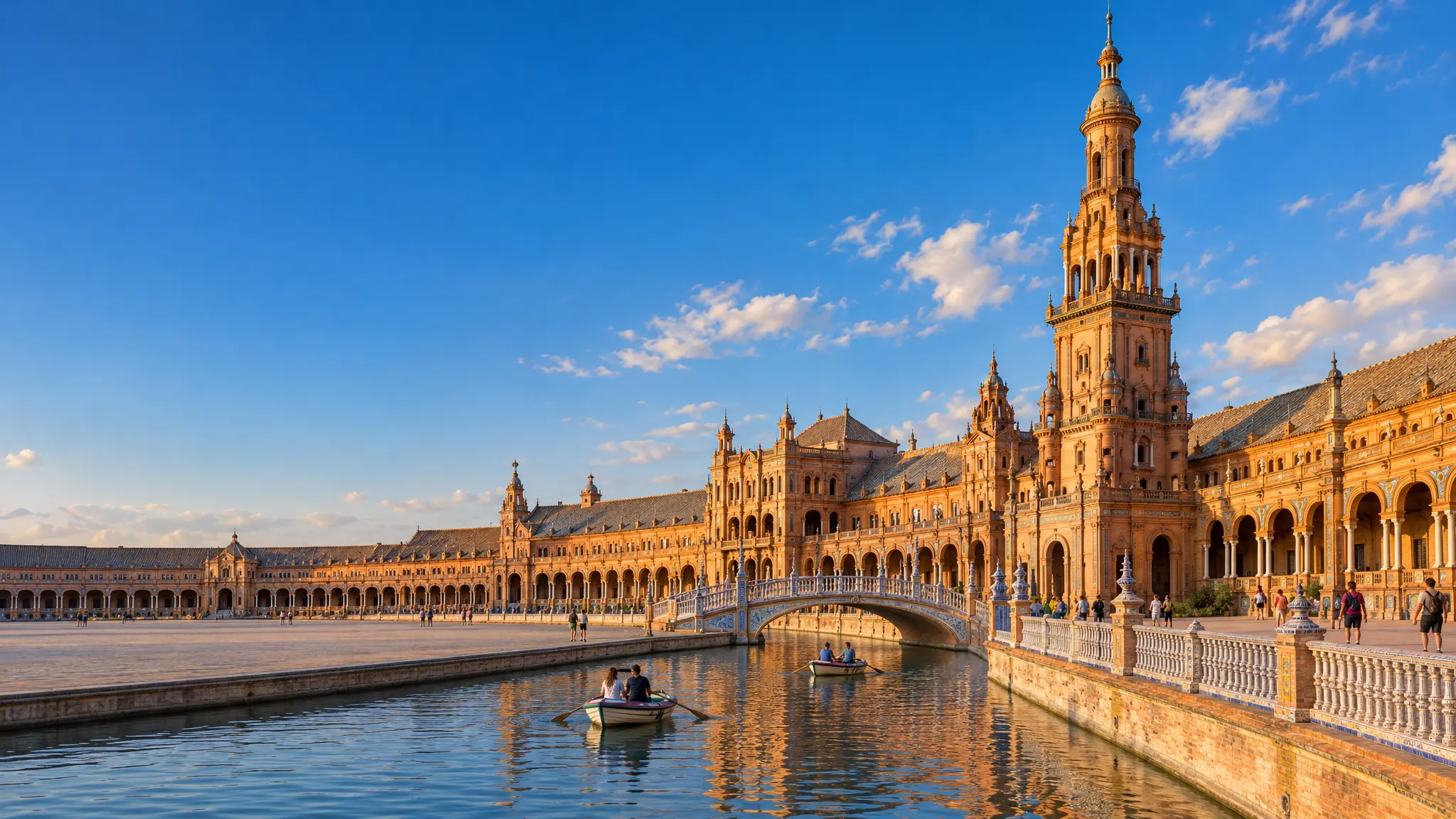 Plaza de España in Seville: the brick tower, tiled bridges and rowing boats on the canal