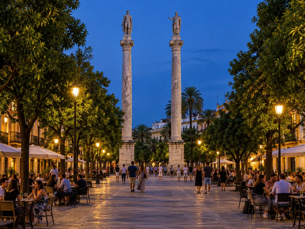 Café terraces under the Roman columns of the Alameda de Hércules at dusk