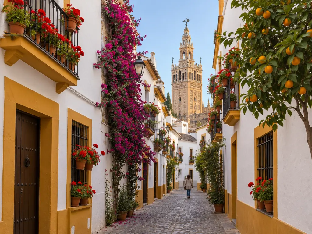 Whitewashed lane in Santa Cruz with bougainvillea and orange trees, the Giralda behind