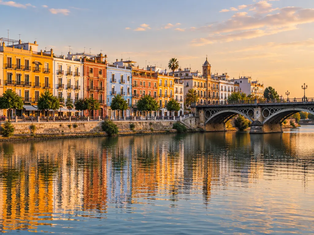 Colorful houses of Triana reflected in the river beside the Isabel II bridge
